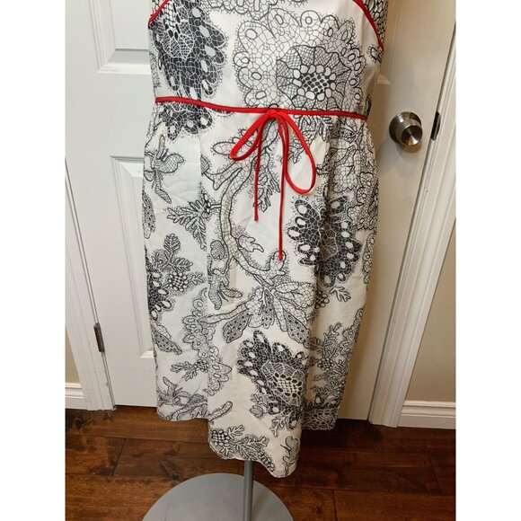 Kay Unger Black & White Floral Geometric Halter Dress W/ Red Piping, Size 12 - Picture 3 of 8